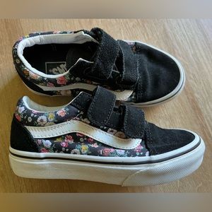 EUC Girls Black Floral Velcro Vans- Size 12